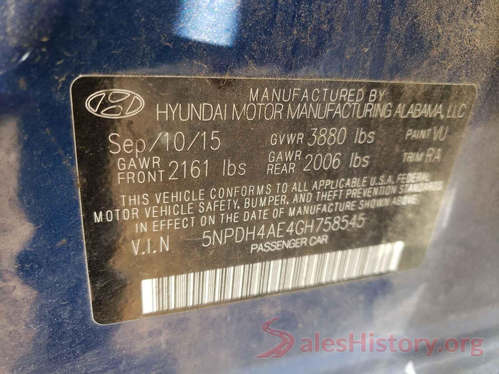 5NPDH4AE4GH758545 2016 HYUNDAI ELANTRA