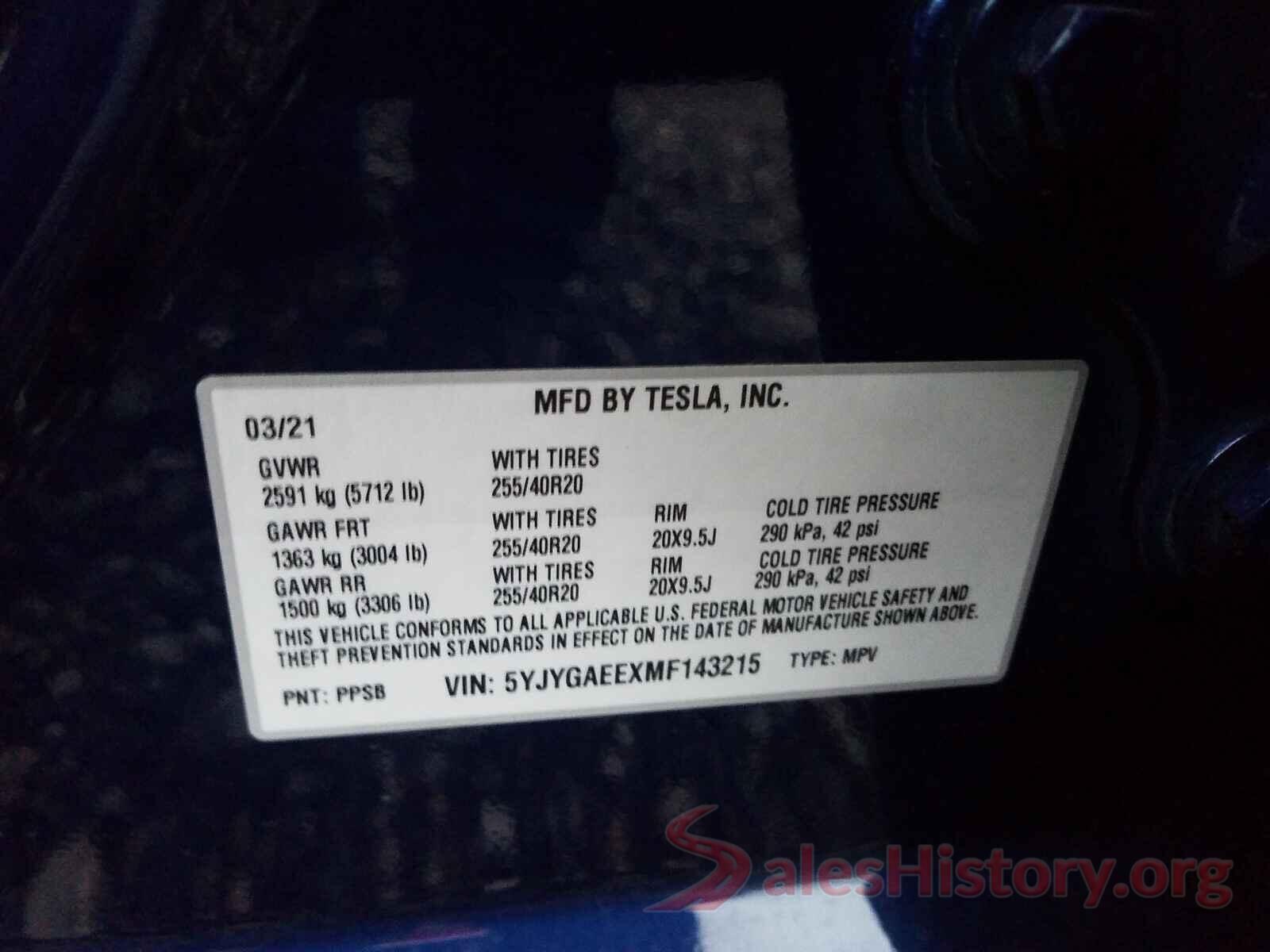 5YJYGAEEXMF143215 2021 TESLA MODEL Y