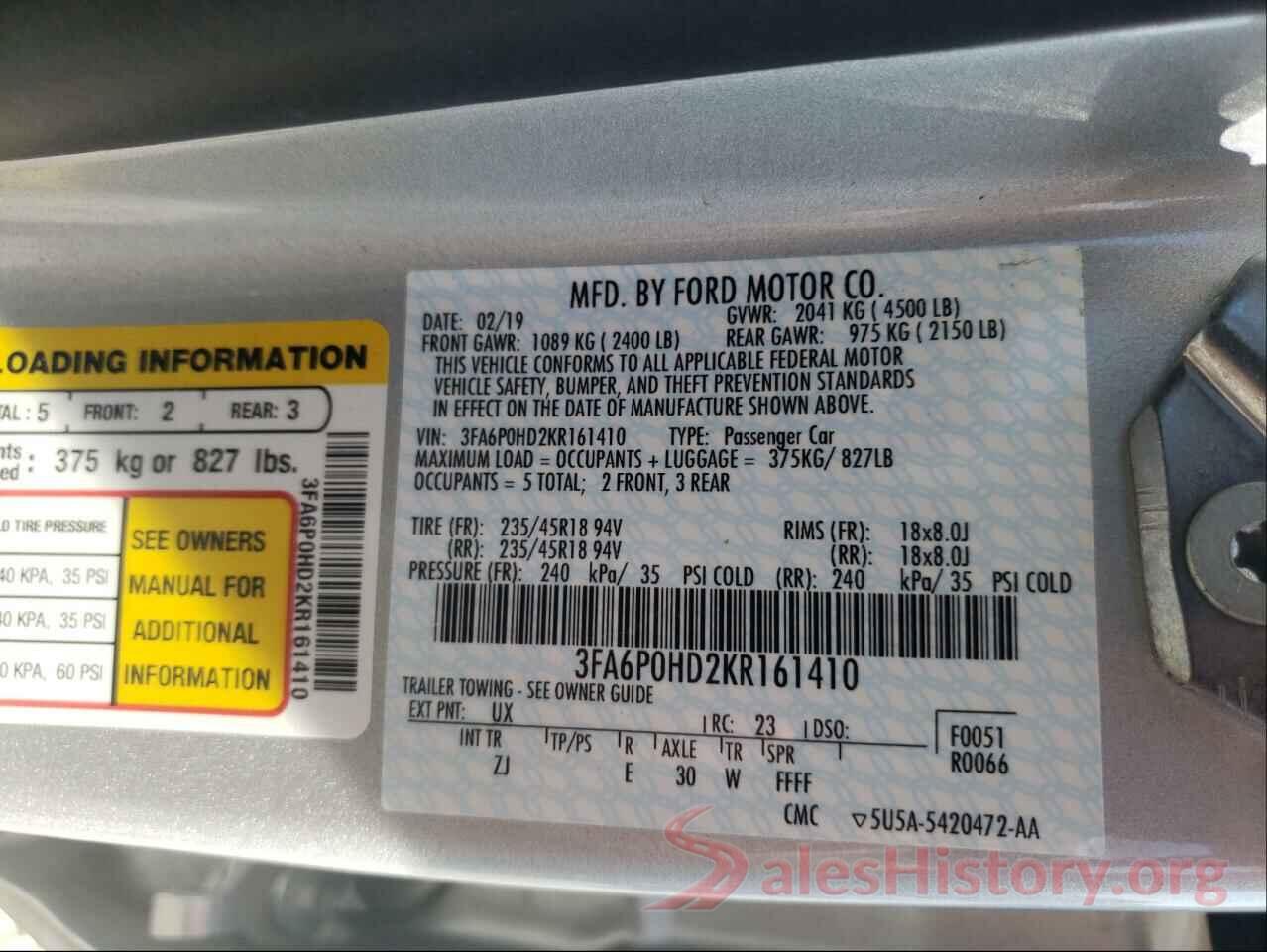 3FA6P0HD2KR161410 2019 FORD FUSION