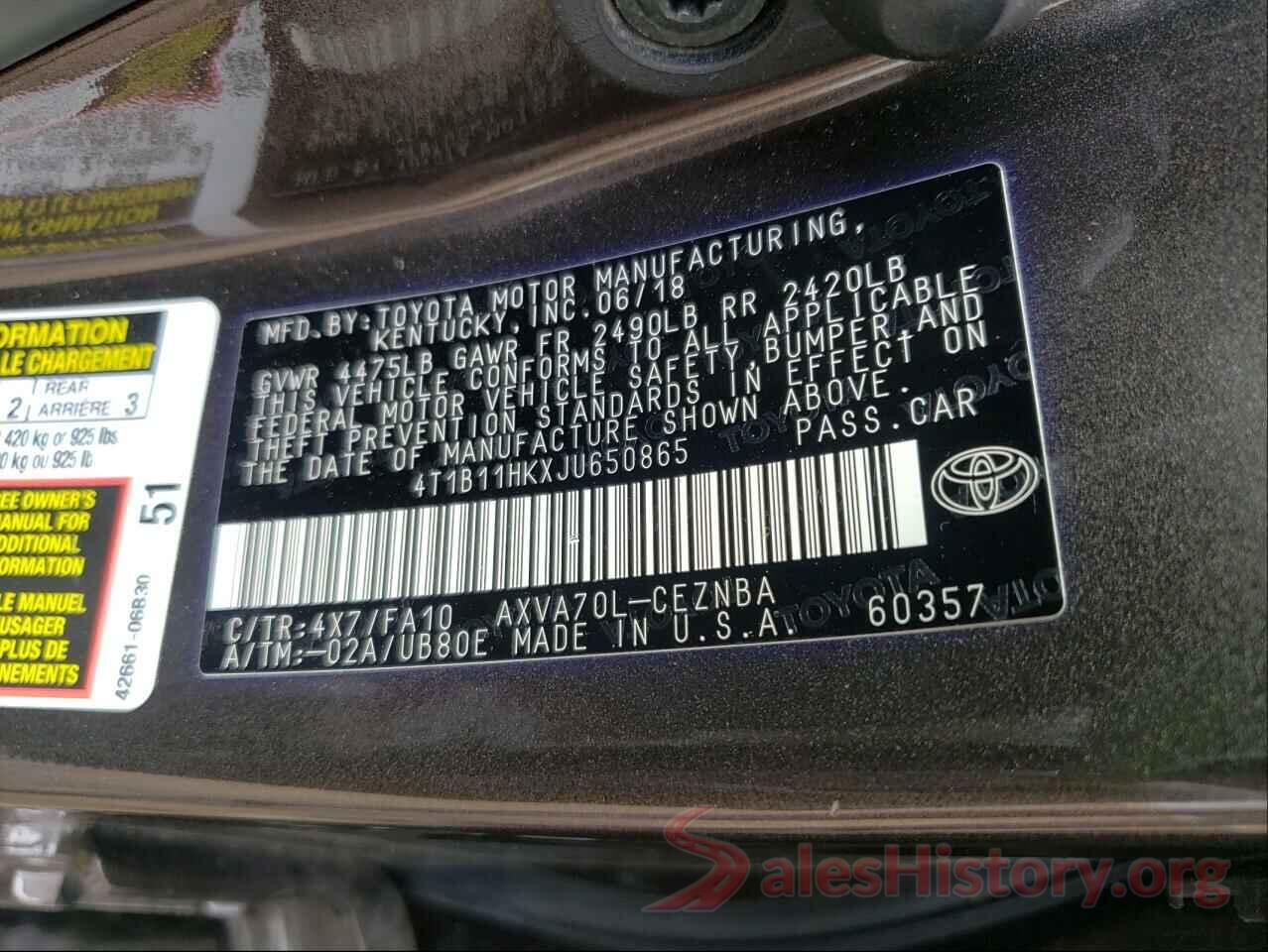 4T1B11HKXJU650865 2018 TOYOTA CAMRY