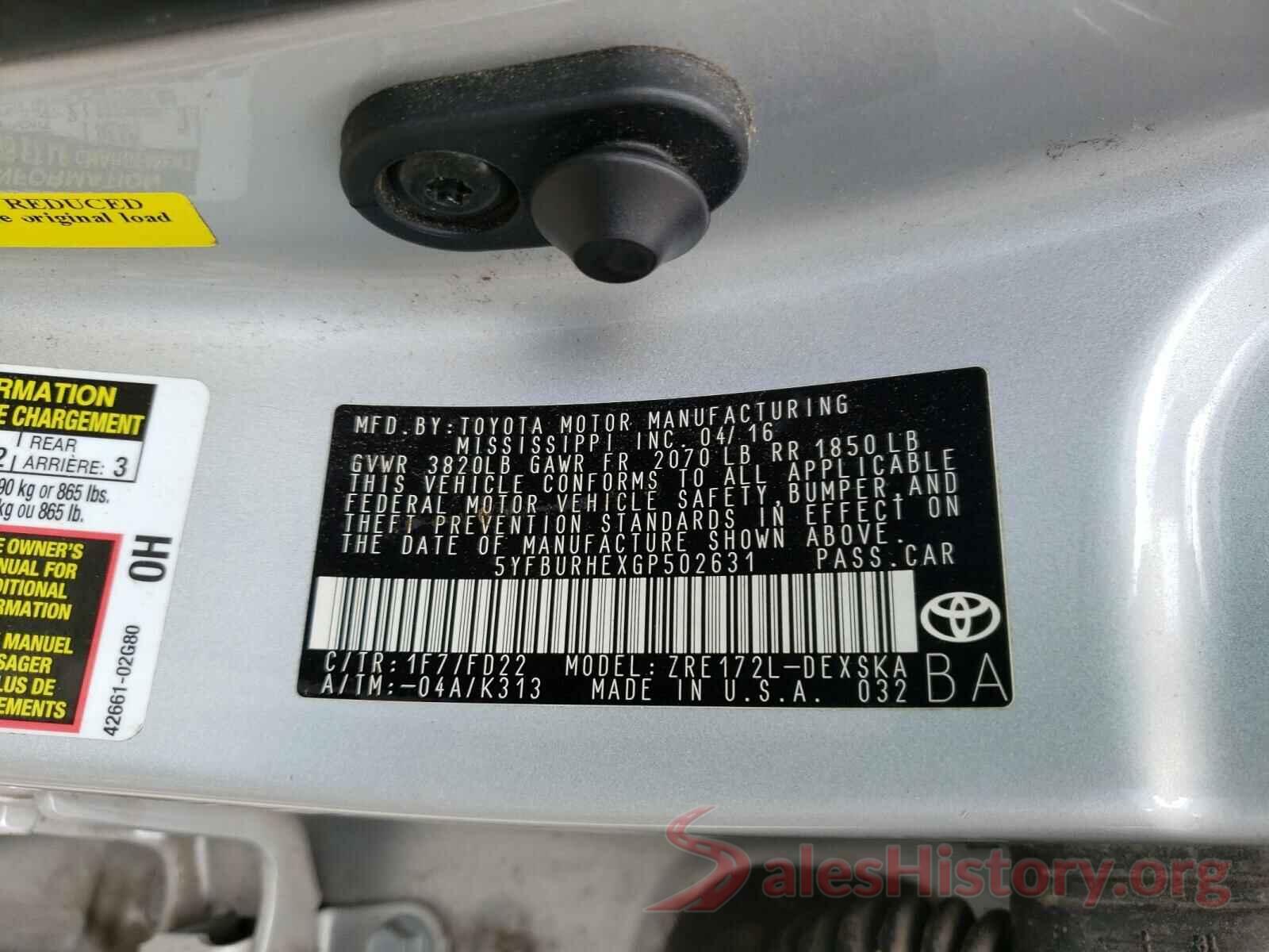 5YFBURHEXGP502631 2016 TOYOTA COROLLA