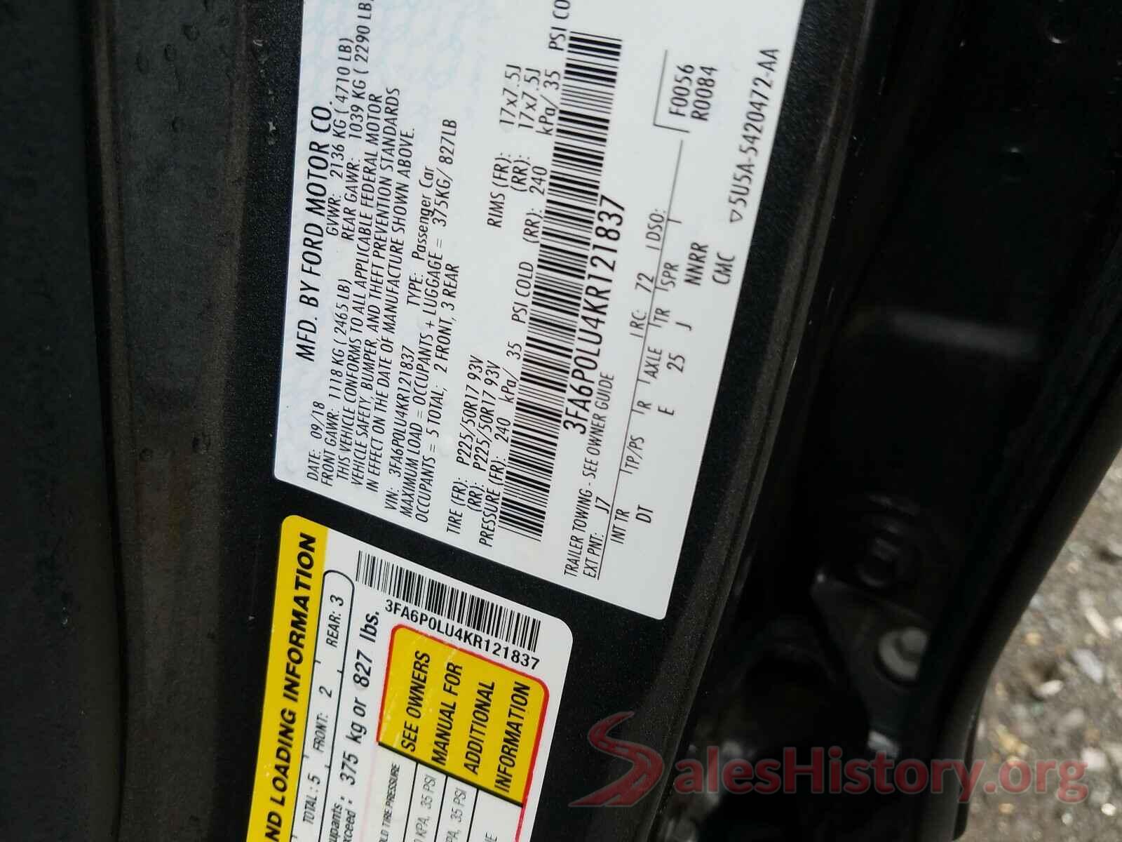 3FA6P0LU4KR121837 2019 FORD FUSION