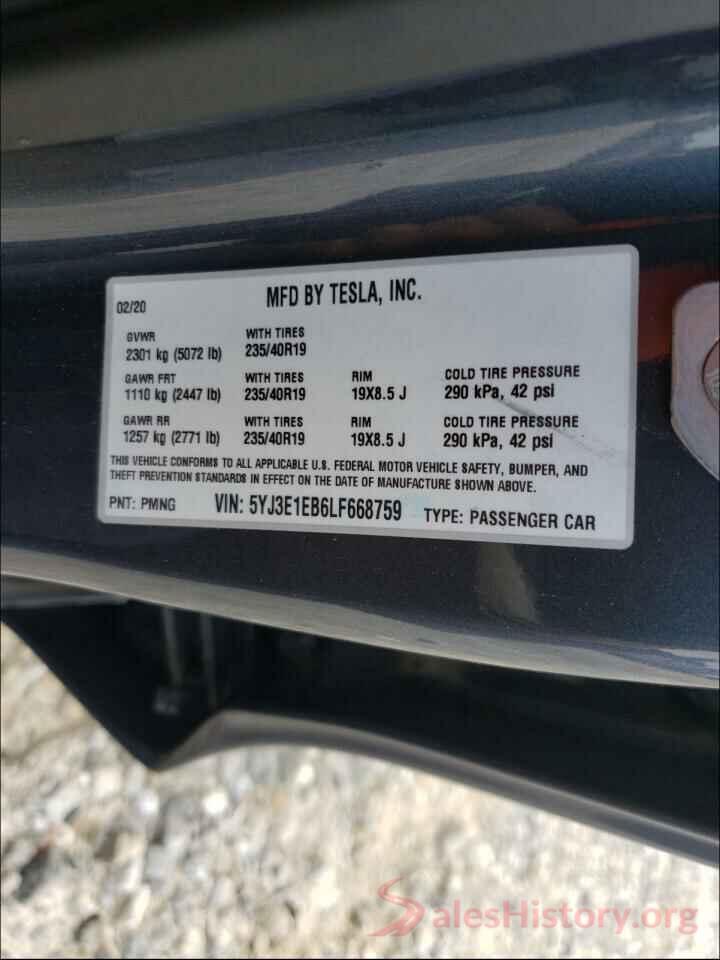 5YJ3E1EB6LF668759 2020 TESLA MODEL 3