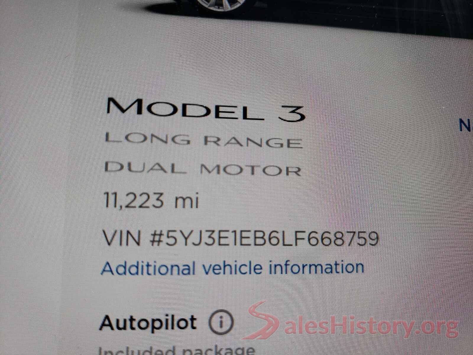 5YJ3E1EB6LF668759 2020 TESLA MODEL 3