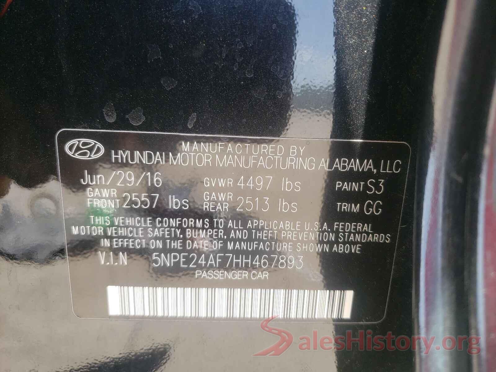 5NPE24AF7HH467893 2017 HYUNDAI SONATA