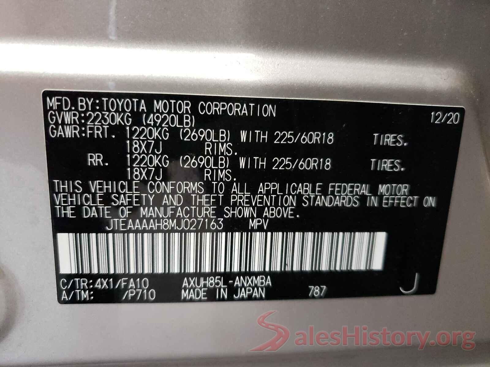 JTEAAAAH8MJ027163 2021 TOYOTA VENZA