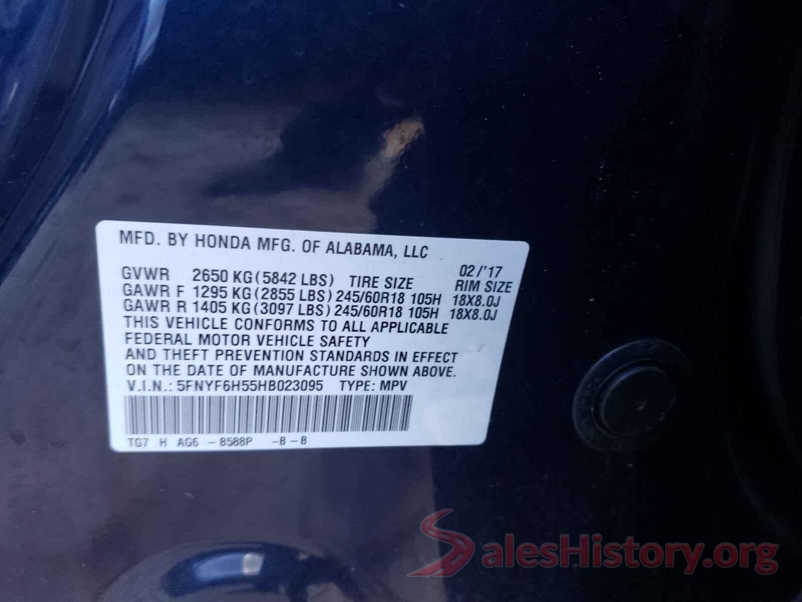 5FNYF6H55HB023095 2017 HONDA PILOT