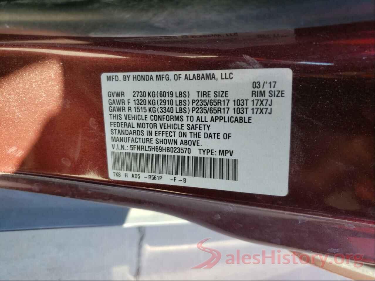 5FNRL5H69HB023570 2017 HONDA ODYSSEY