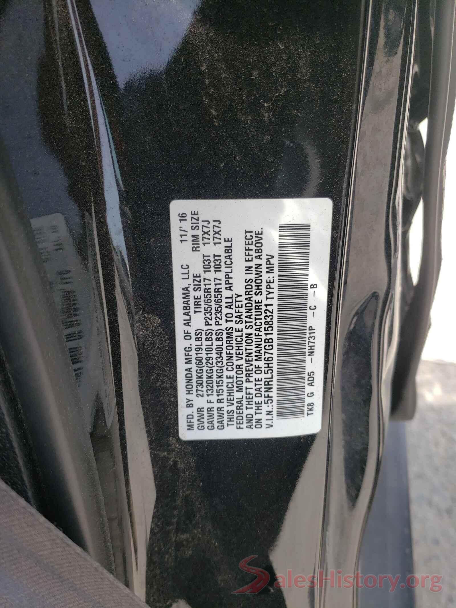 5FNRL5H67GB158321 2016 HONDA ODYSSEY