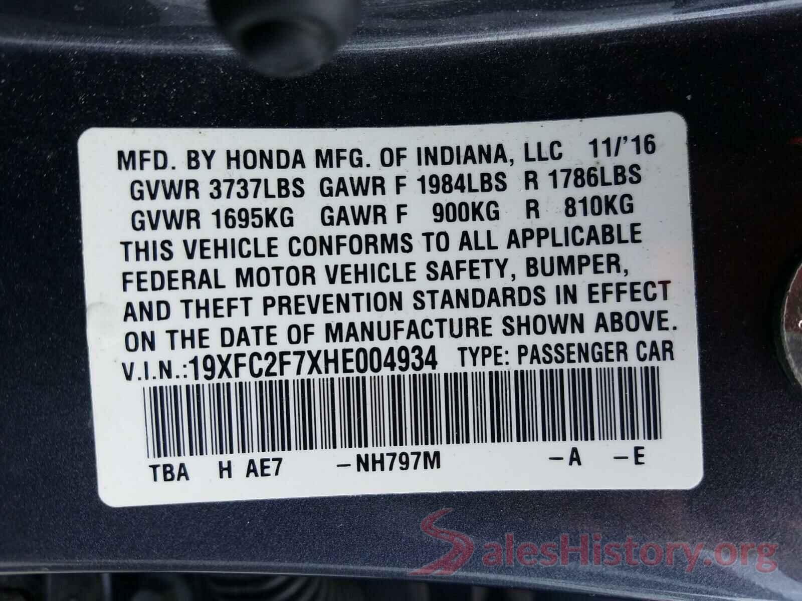 19XFC2F7XHE004934 2017 HONDA CIVIC