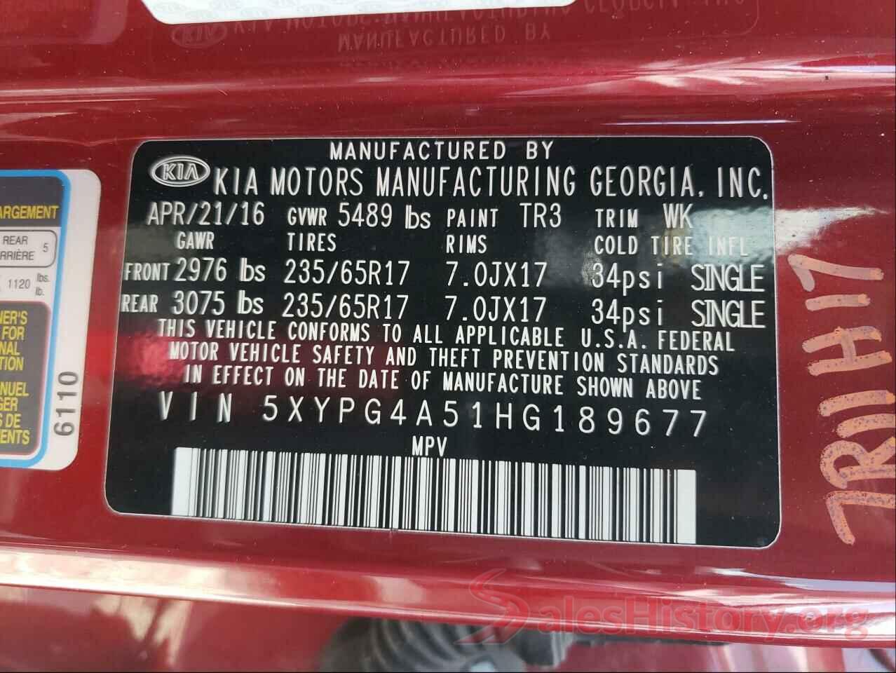 5XYPG4A51HG189677 2017 KIA SORENTO