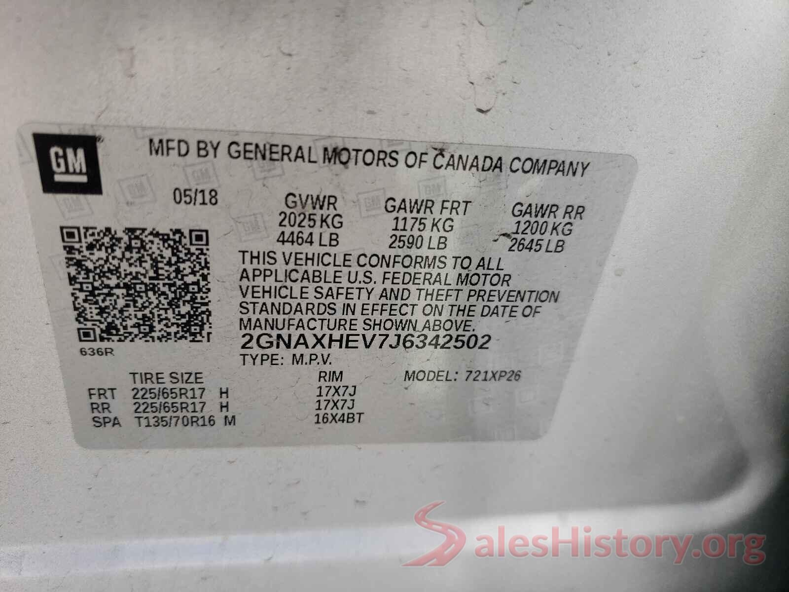 2GNAXHEV7J6342502 2018 CHEVROLET EQUINOX