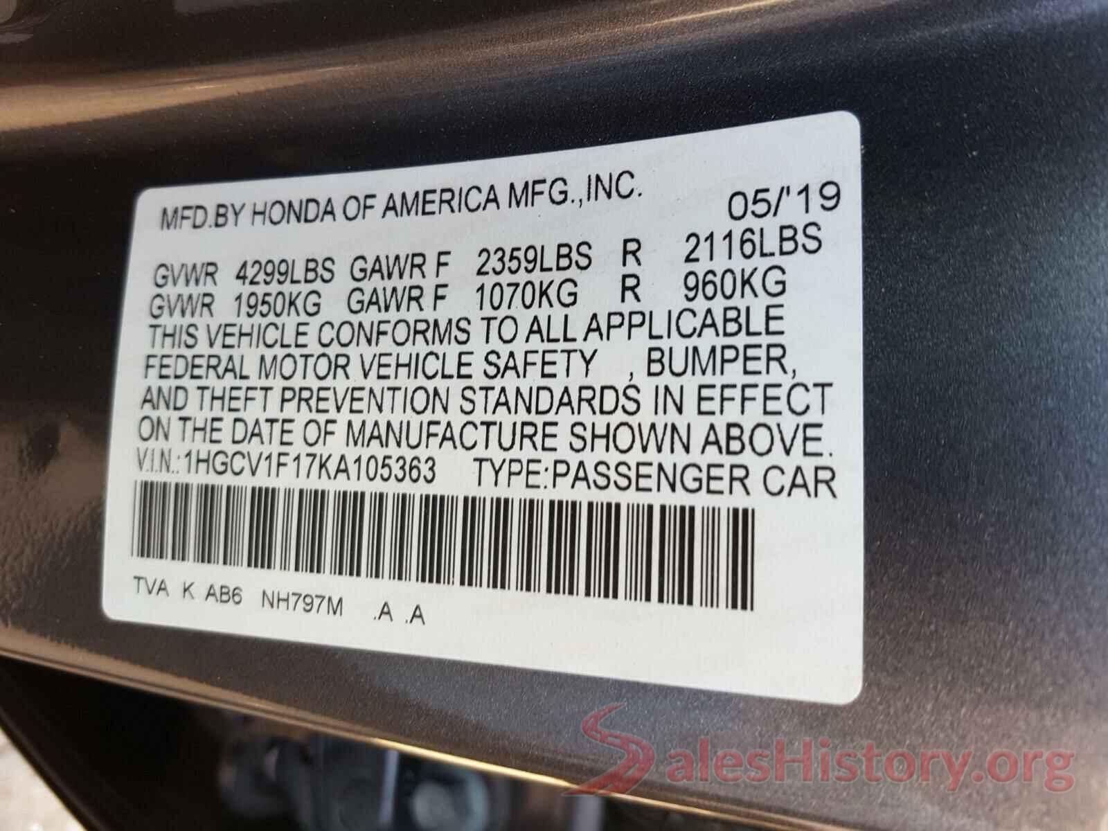 1HGCV1F17KA105363 2019 HONDA ACCORD