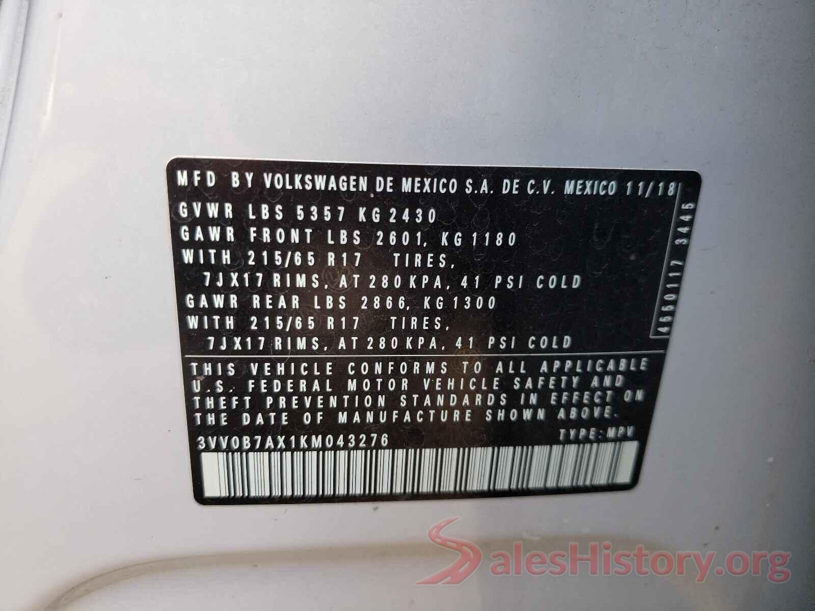 3VV0B7AX1KM043276 2019 VOLKSWAGEN TIGUAN