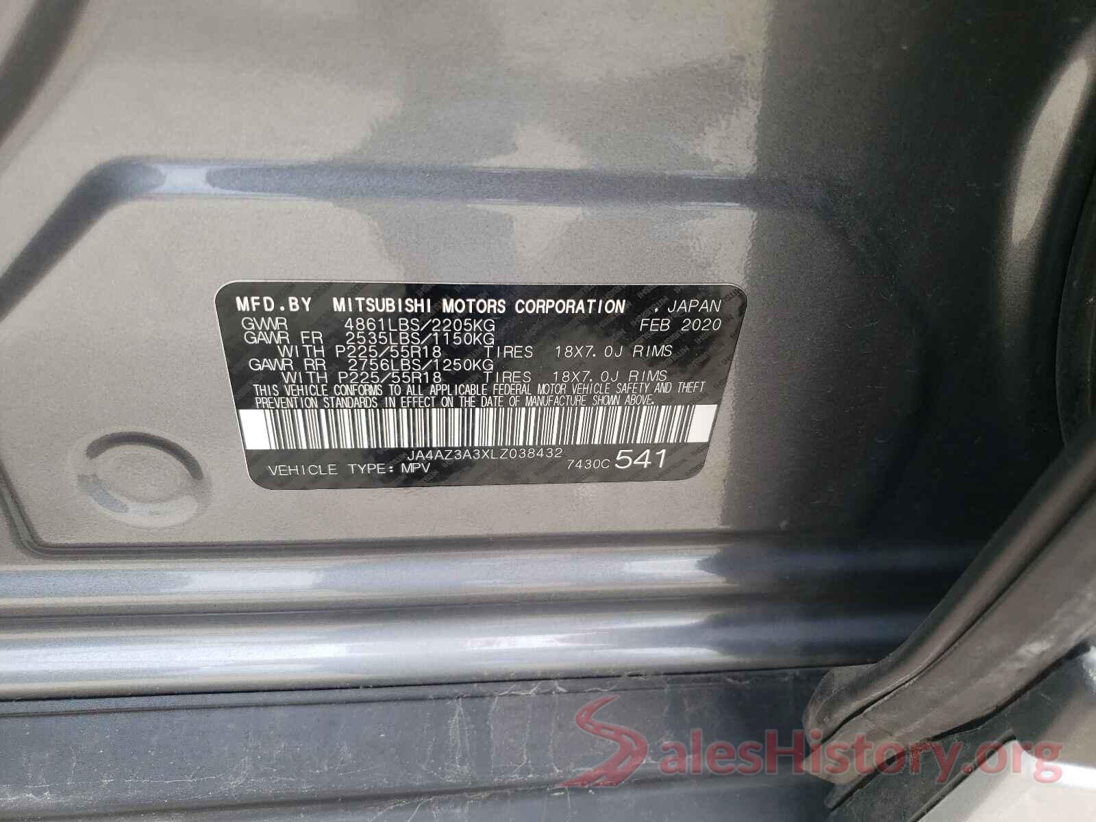 JA4AZ3A3XLZ038432 2020 MITSUBISHI OUTLANDER