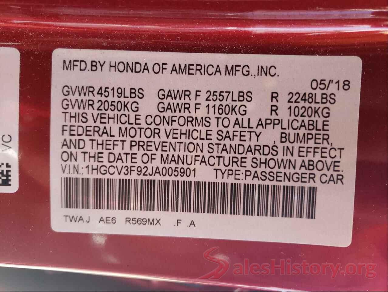 1HGCV3F92JA005901 2018 HONDA ACCORD