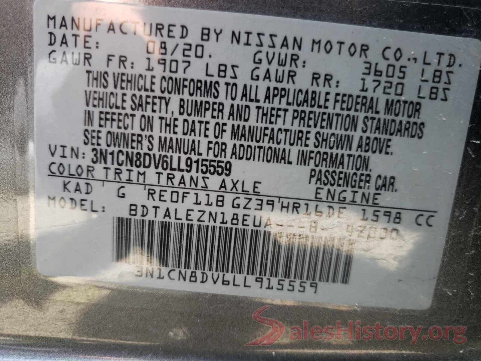 3N1CN8DV6LL915559 2020 NISSAN VERSA