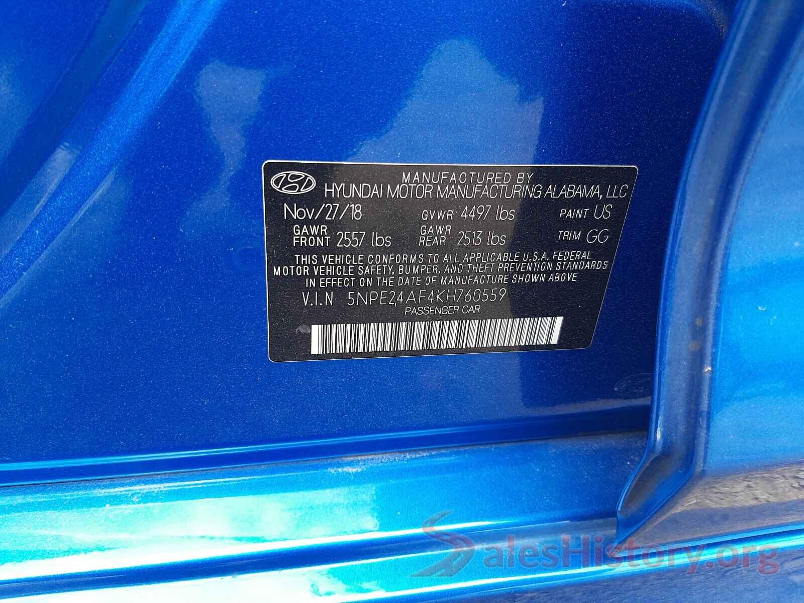 5NPE24AF4KH760559 2019 HYUNDAI SONATA