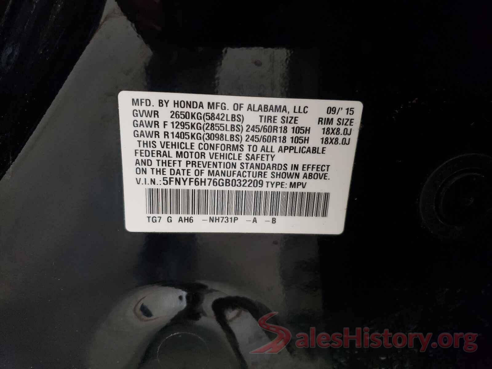 5FNYF6H76GB032209 2016 HONDA PILOT