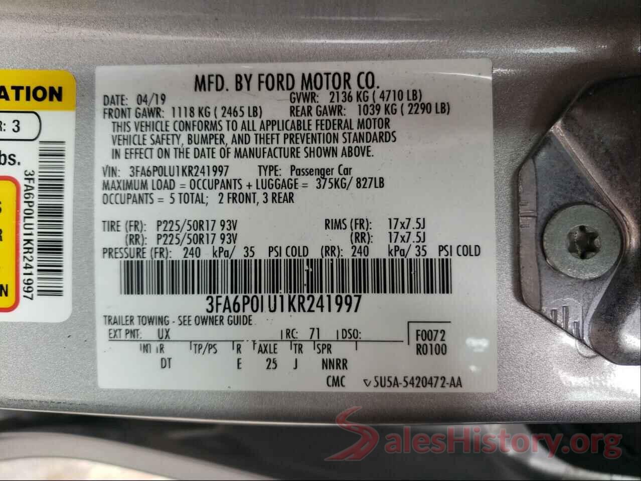 3FA6P0LU1KR241997 2019 FORD FUSION