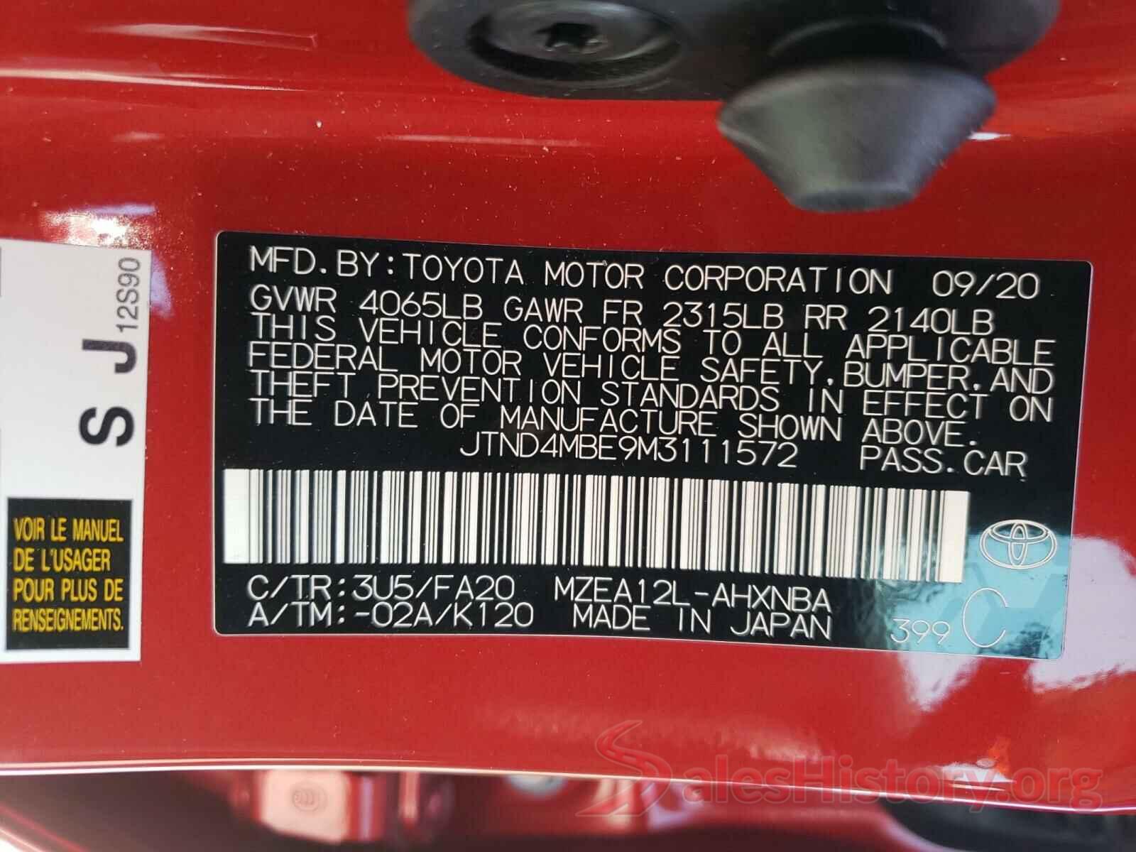 JTND4MBE9M3111572 2021 TOYOTA COROLLA