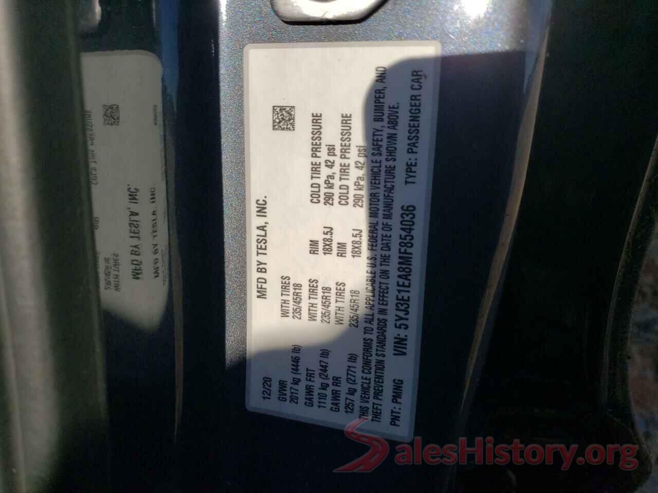 5YJ3E1EA8MF854036 2021 TESLA MODEL 3