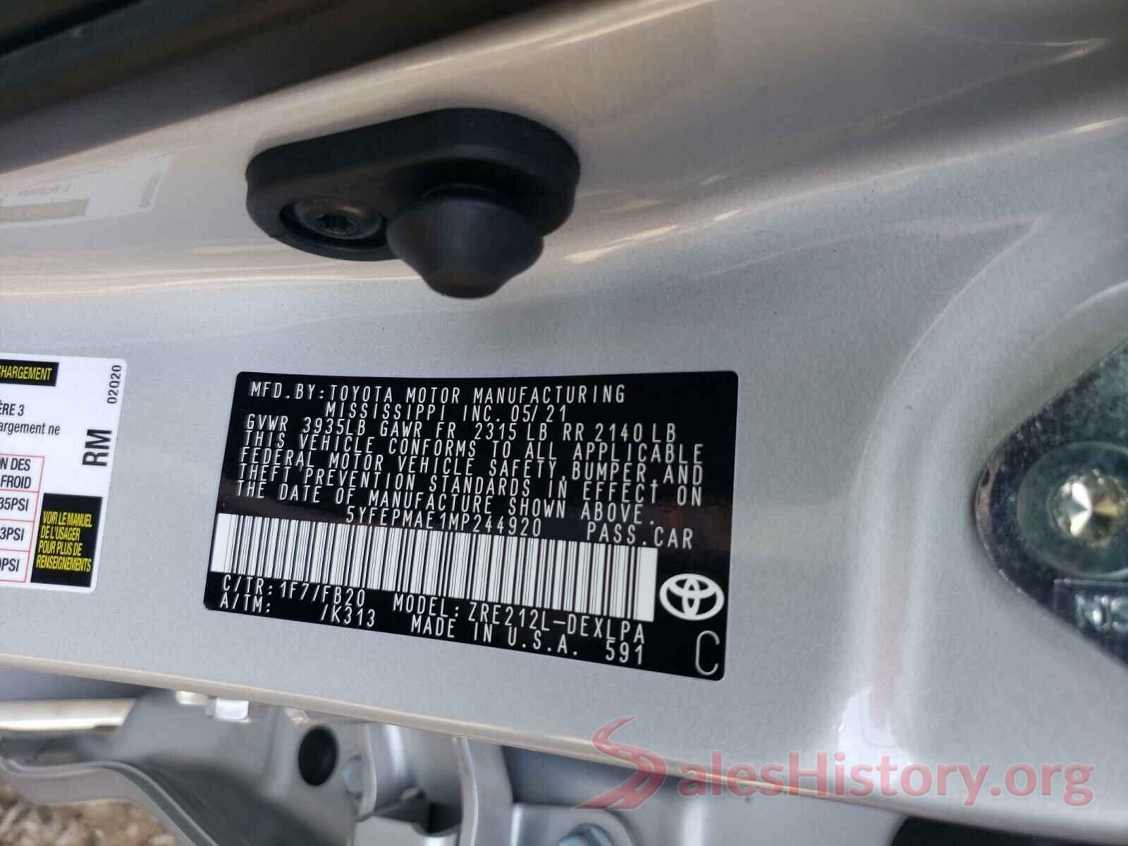 5YFEPMAE1MP244920 2021 TOYOTA COROLLA