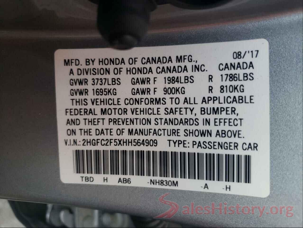 2HGFC2F5XHH564909 2017 HONDA CIVIC