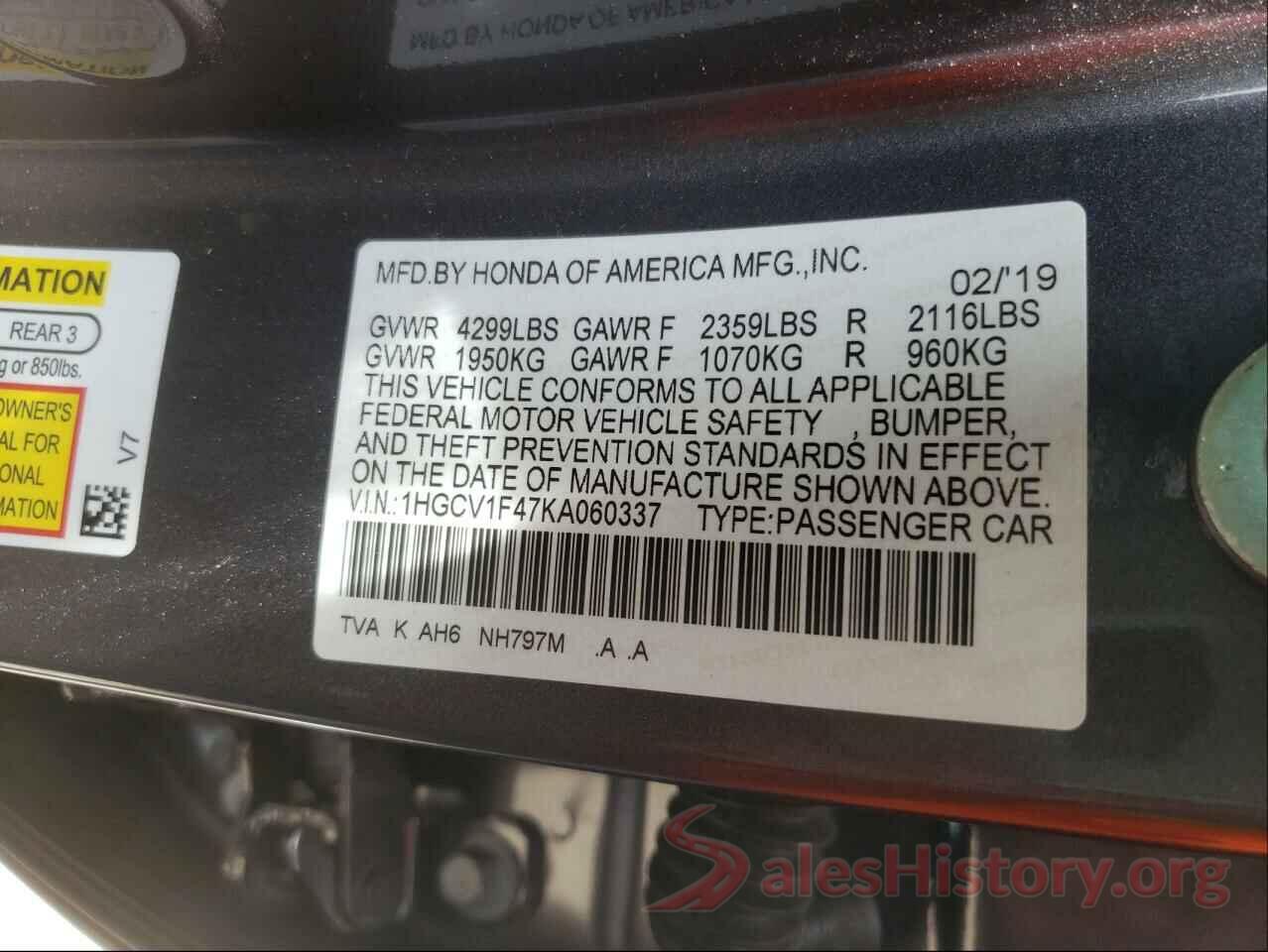 1HGCV1F47KA060337 2019 HONDA ACCORD