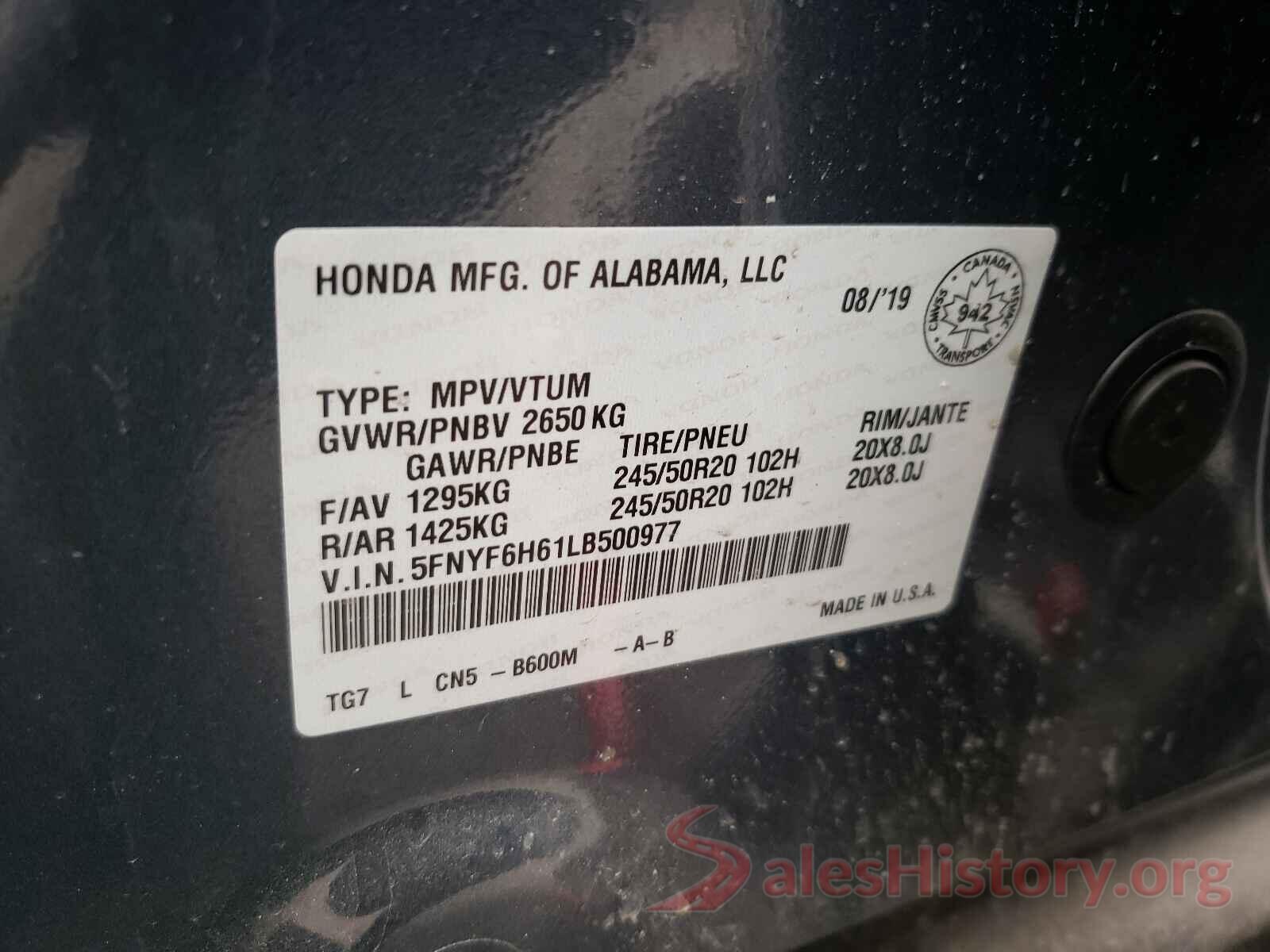 5FNYF6H61LB500977 2020 HONDA PILOT