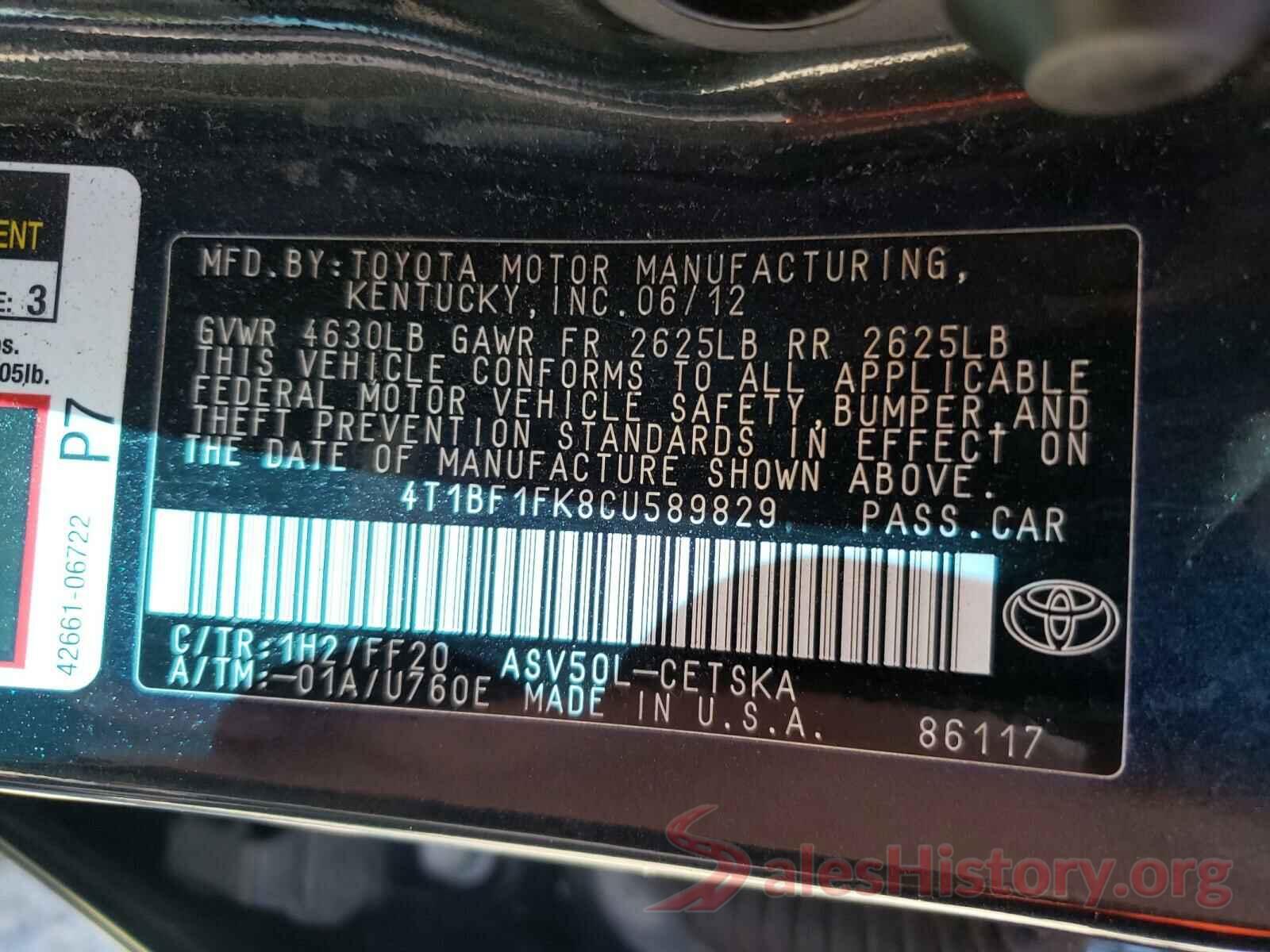 4T1BF1FK8CU589829 2012 TOYOTA CAMRY