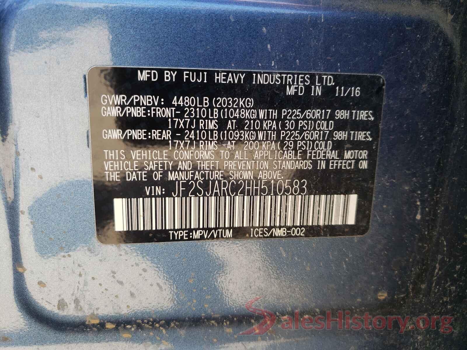 JF2SJARC2HH510583 2017 SUBARU FORESTER