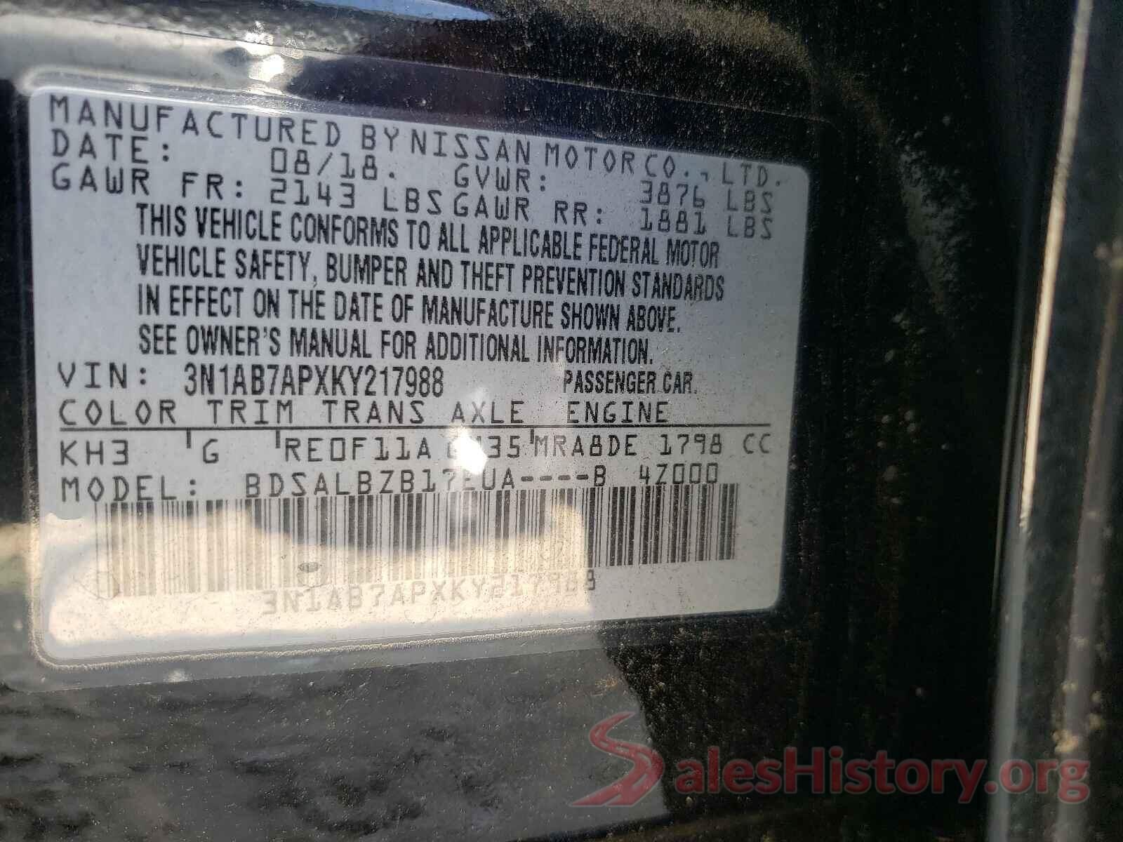 3N1AB7APXKY217988 2019 NISSAN SENTRA