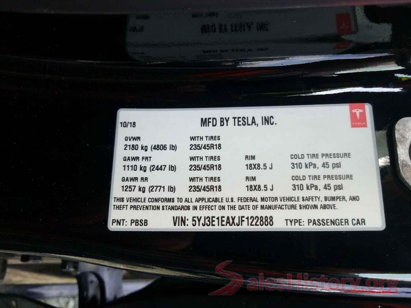 5YJ3E1EAXJF122888 2018 TESLA MODEL 3