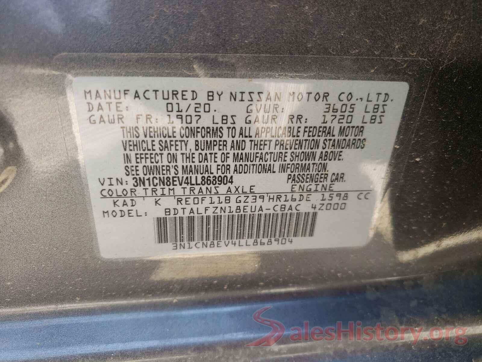 3N1CN8EV4LL868904 2020 NISSAN VERSA