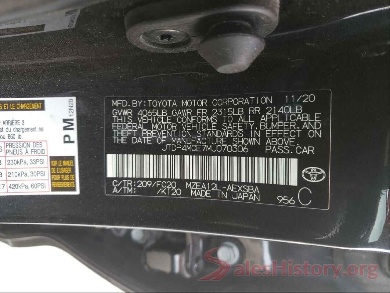 JTDP4MCE7MJ070306 2021 TOYOTA COROLLA