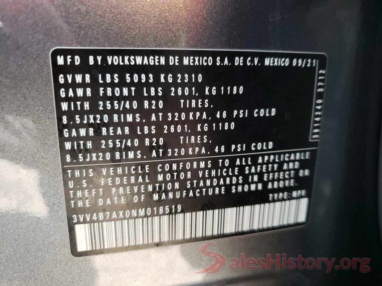 3VV4B7AX0NM018519 2022 VOLKSWAGEN TIGUAN