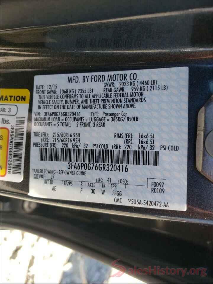 3FA6P0G76GR320416 2016 FORD FUSION