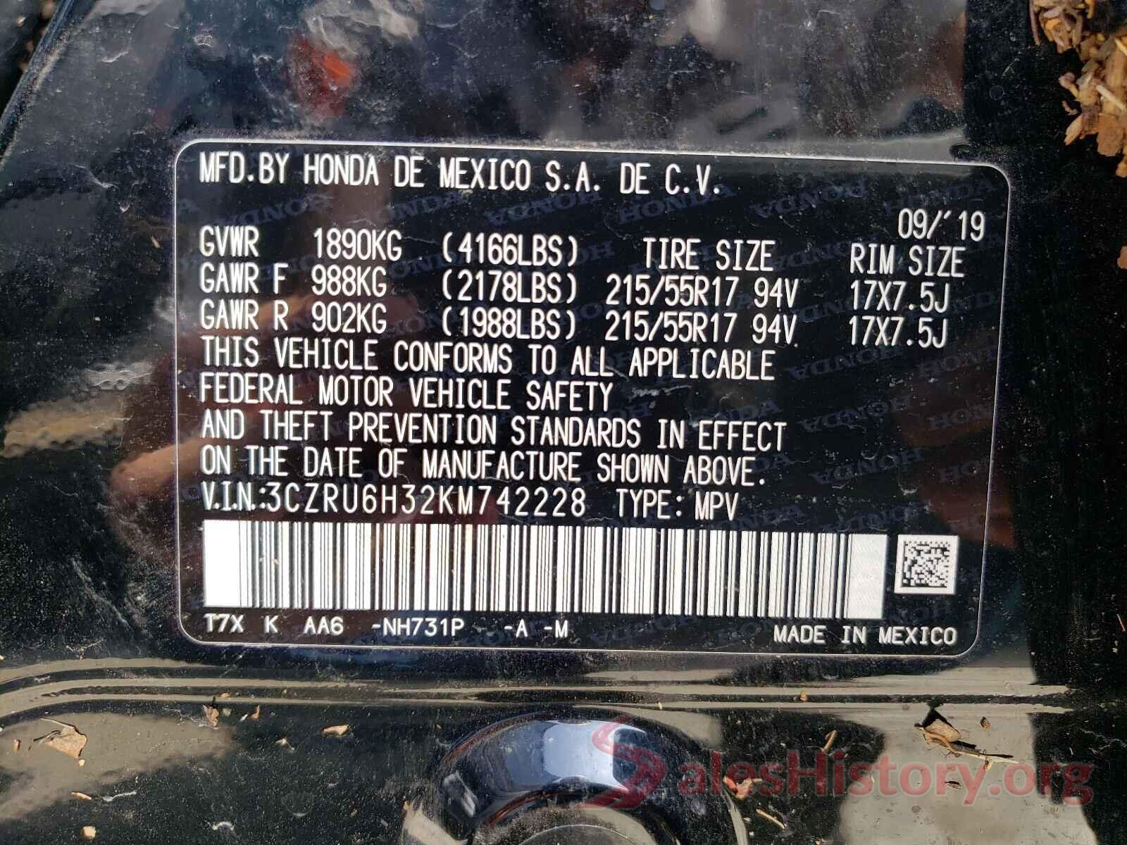 3CZRU6H32KM742228 2019 HONDA HR-V