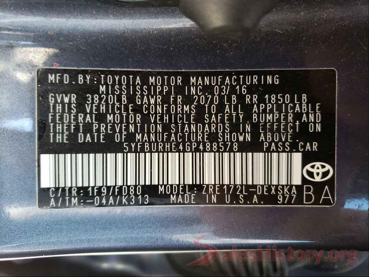 5YFBURHE4GP488578 2016 TOYOTA COROLLA