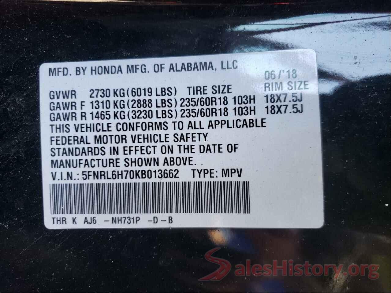 5FNRL6H70KB013662 2019 HONDA ODYSSEY