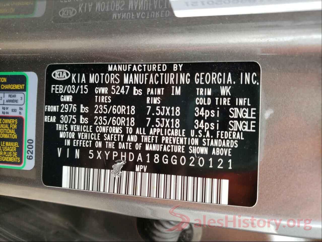 5XYPHDA18GG020121 2016 KIA SORENTO