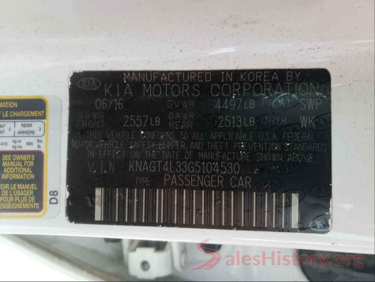 KNAGT4L33G5104530 2016 KIA OPTIMA