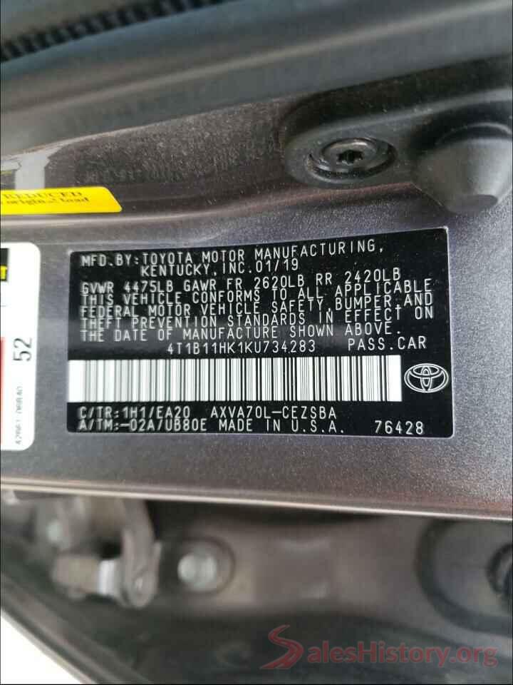 4T1B11HK1KU734283 2019 TOYOTA CAMRY