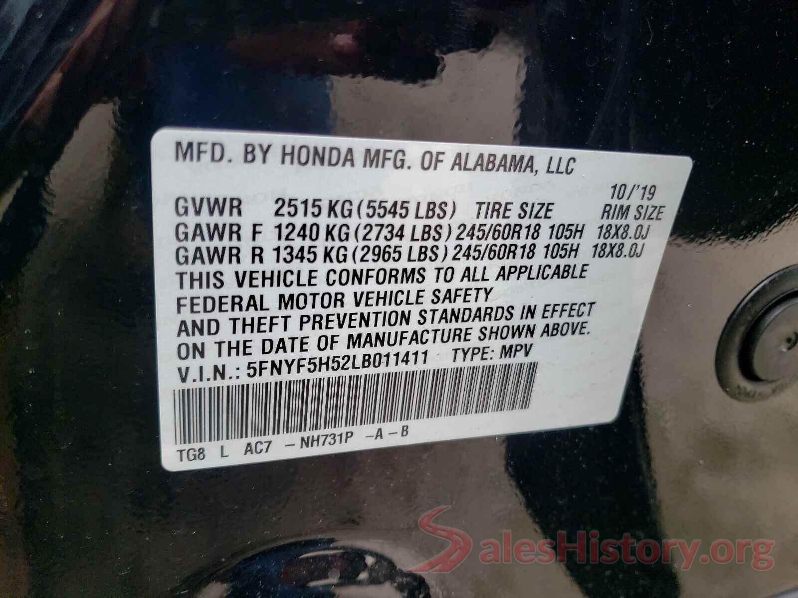 5FNYF5H52LB011411 2020 HONDA PILOT