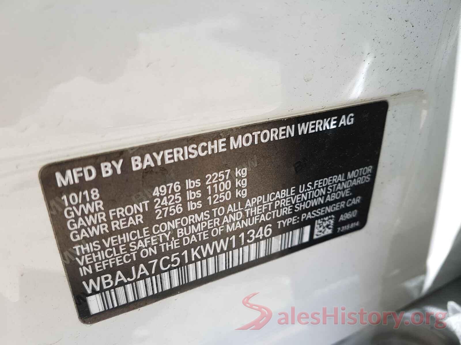 WBAJA7C51KWW11346 2019 BMW 5 SERIES