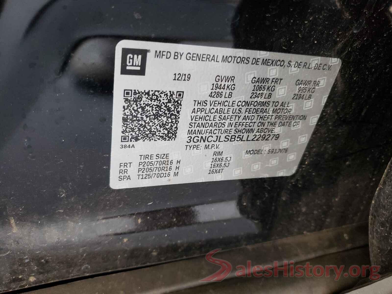 3GNCJLSB5LL229279 2020 CHEVROLET TRAX