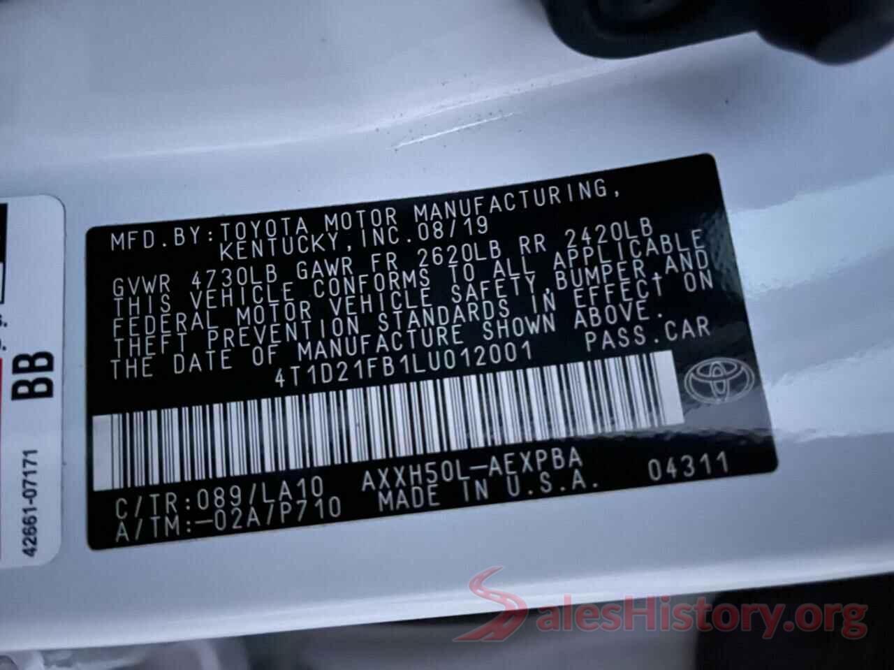 4T1D21FB1LU012001 2020 TOYOTA AVALON