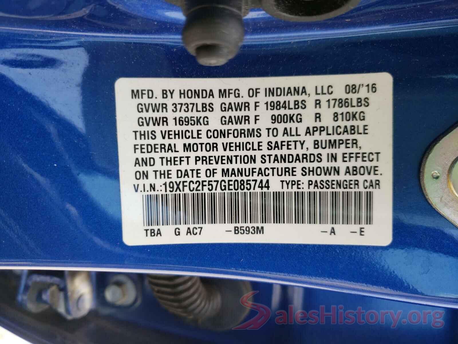 19XFC2F57GE085744 2016 HONDA CIVIC