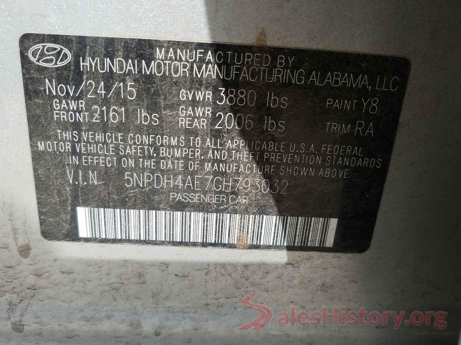 5NPDH4AE7GH793032 2016 HYUNDAI ELANTRA